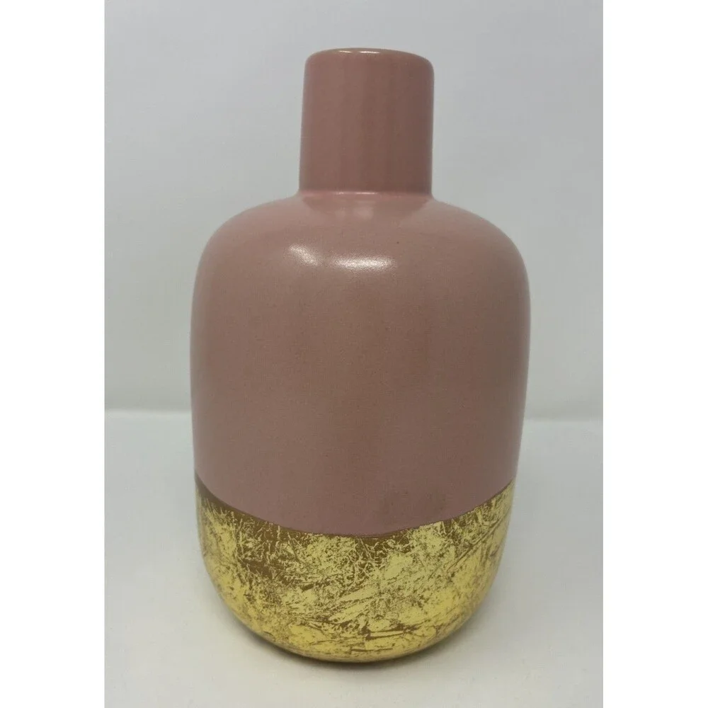 Vintage Pier 1 Blush Pink And Gold Pottery Vase Dipped Gold Metallic, Retired